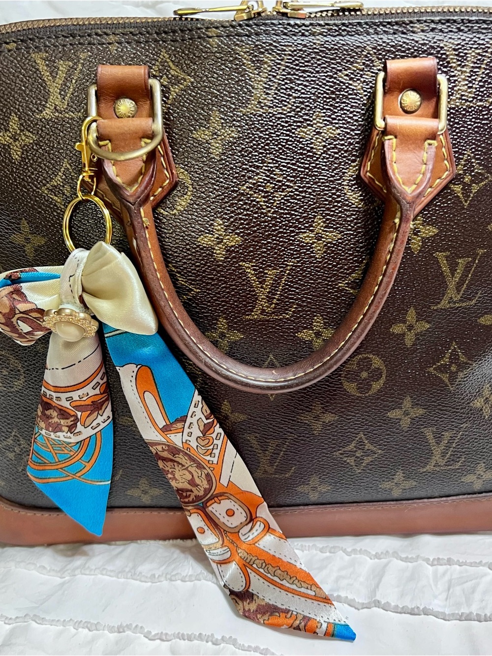 Louis Vuitton Monogram Satchel with Blue & Orange Silk Scarf Charm (ALMA)